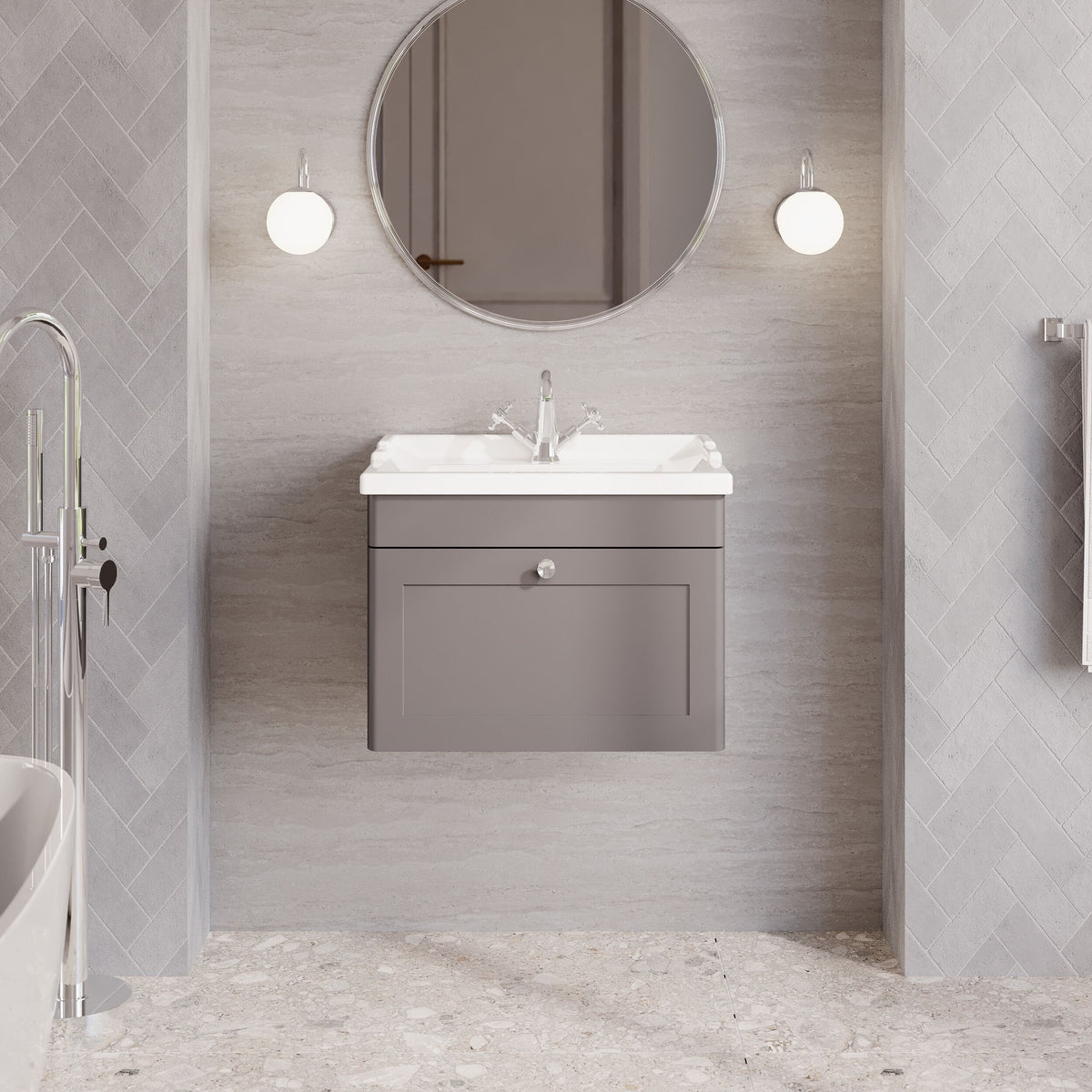 Modern Splash 600mm Satin Grey 1 Drawer Wall Hung Vanity Unit With 1 Tap Hole Basin