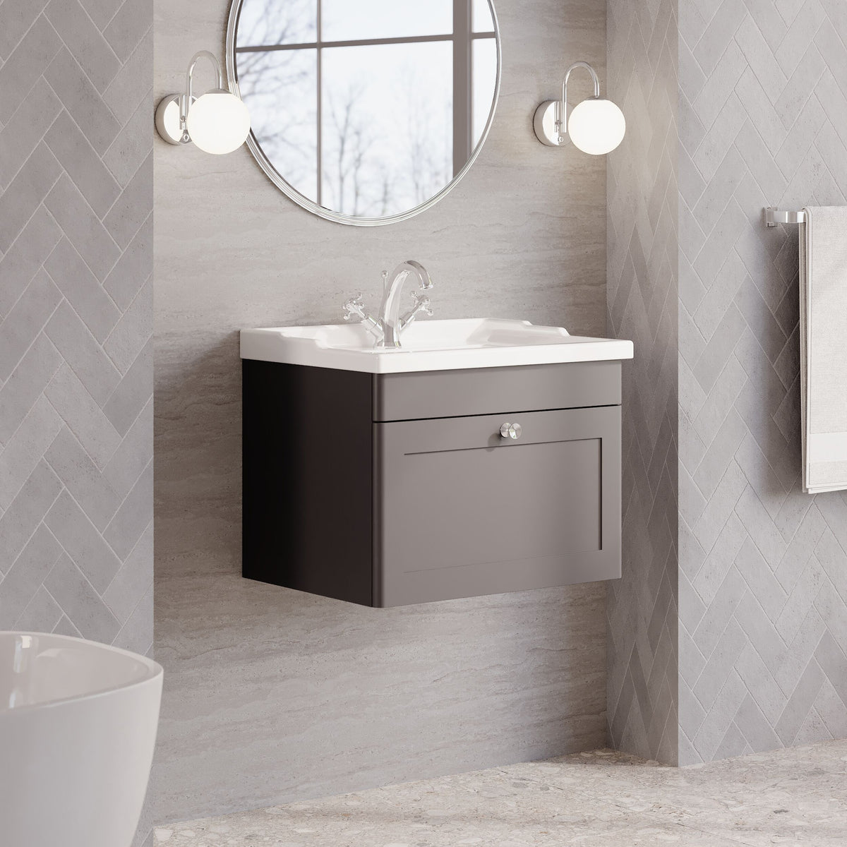 Modern Splash 600mm Satin Grey 1 Drawer Wall Hung Vanity Unit With 1 Tap Hole Basin