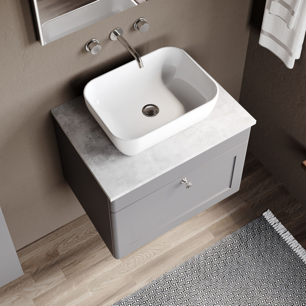 Modern Splash 600mm Satin Grey 1 Drawer Wall Hung Vanity With Grey Marble Worktop
