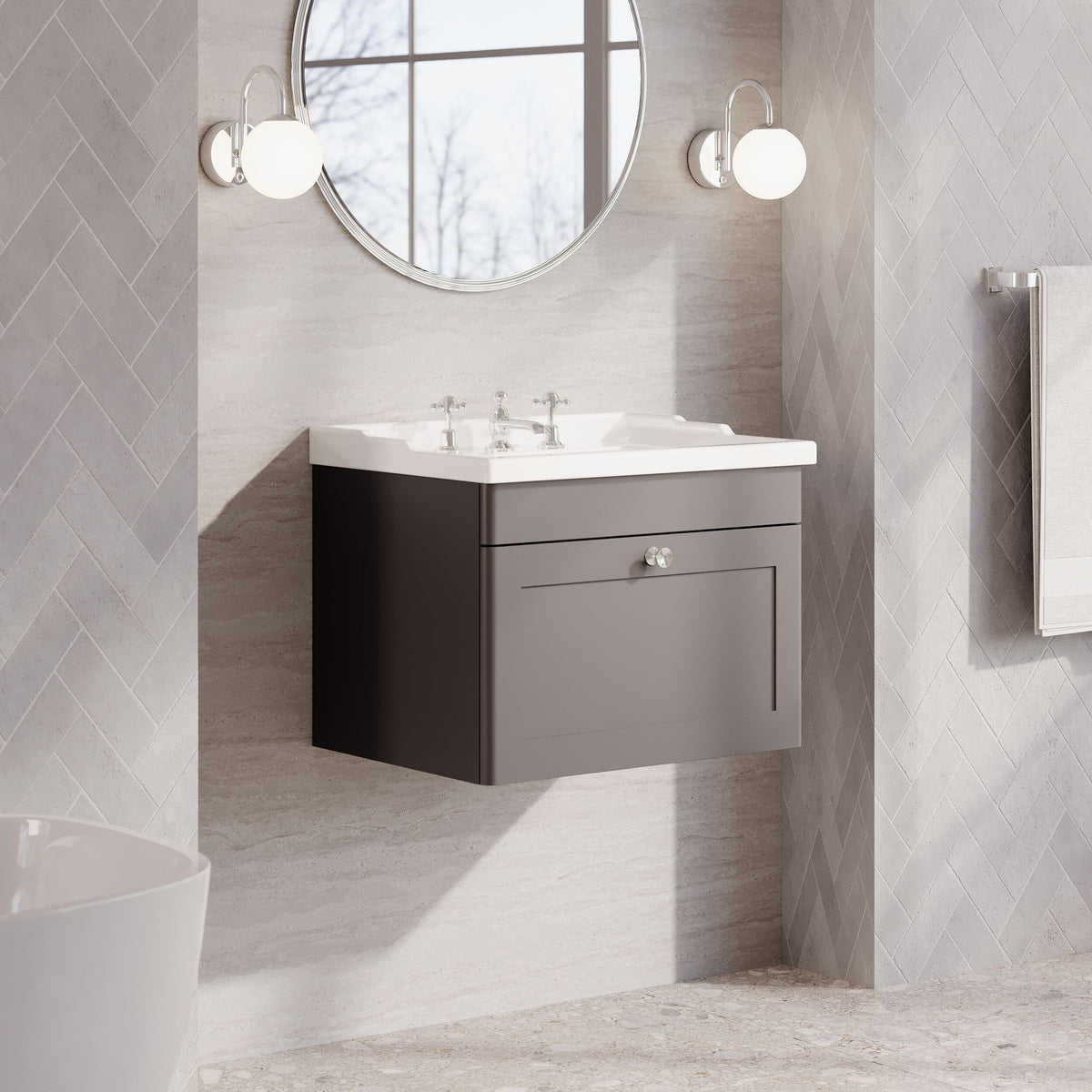 Modern Splash 600mm Satin Grey 1 Drawer Wall Hung Vanity Unit With 3 Tap Hole Basin