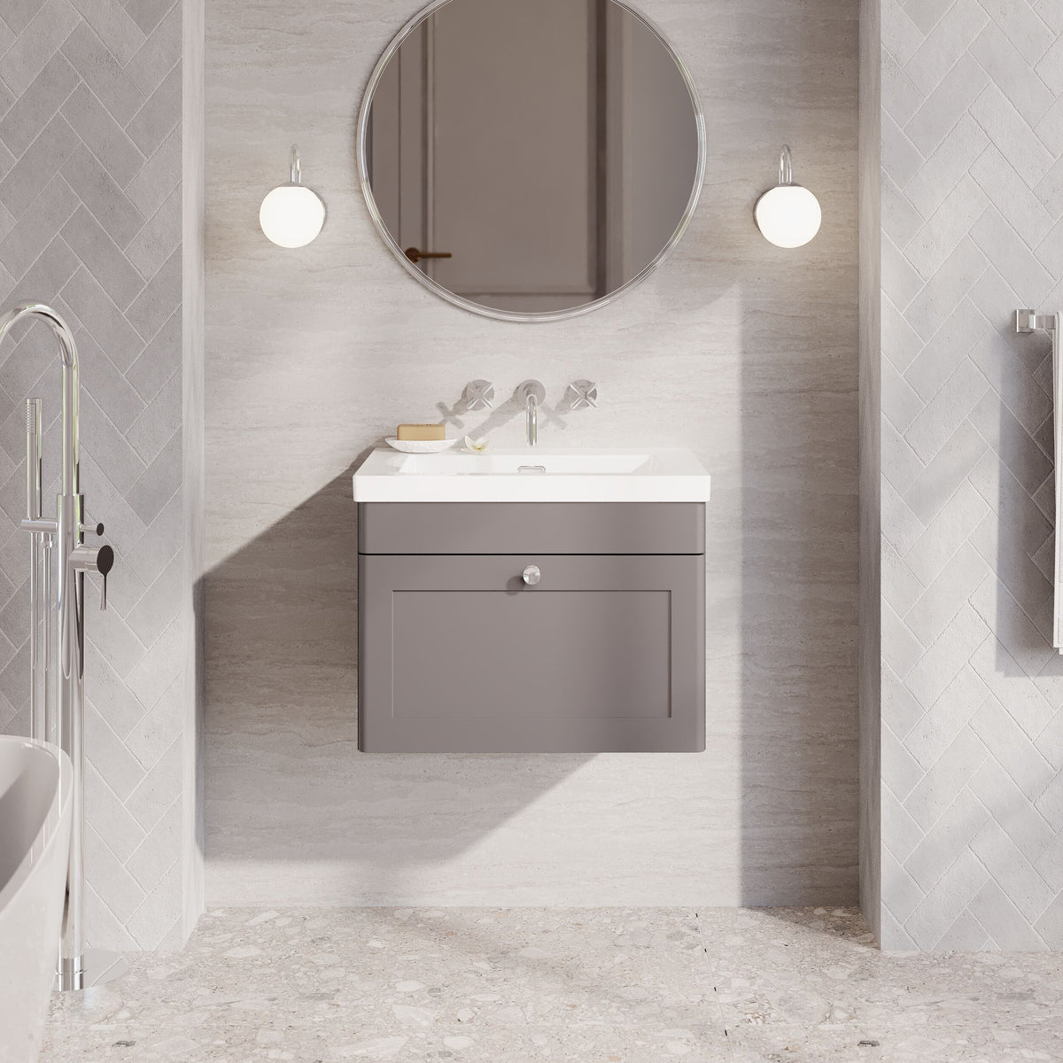 Modern Splash 600mm Satin Grey 1 Drawer Wall Hung Vanity Unit With Fireclay Basin