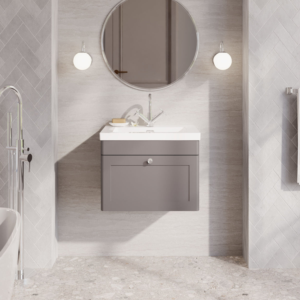 Modern Splash 600mm Satin Grey 1 Drawer Wall Hung Vanity Unit With 1 Tap Hole Fireclay Basin