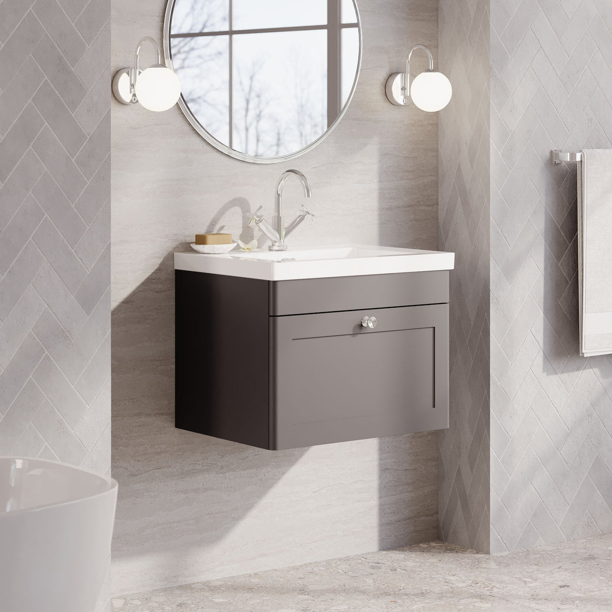 Modern Splash 600mm Satin Grey 1 Drawer Wall Hung Vanity Unit With 1 Tap Hole Fireclay Basin