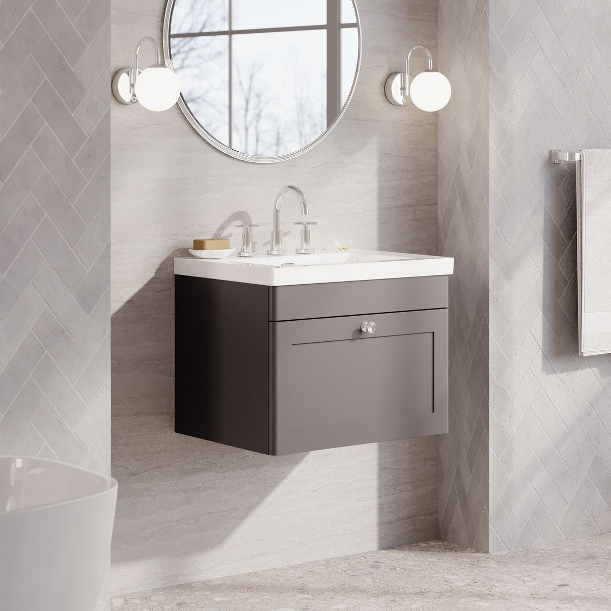 Modern Splash 600mm Satin Grey 1 Drawer Wall Hung Vanity Unit With 3 Tap Hole Fireclay Basin