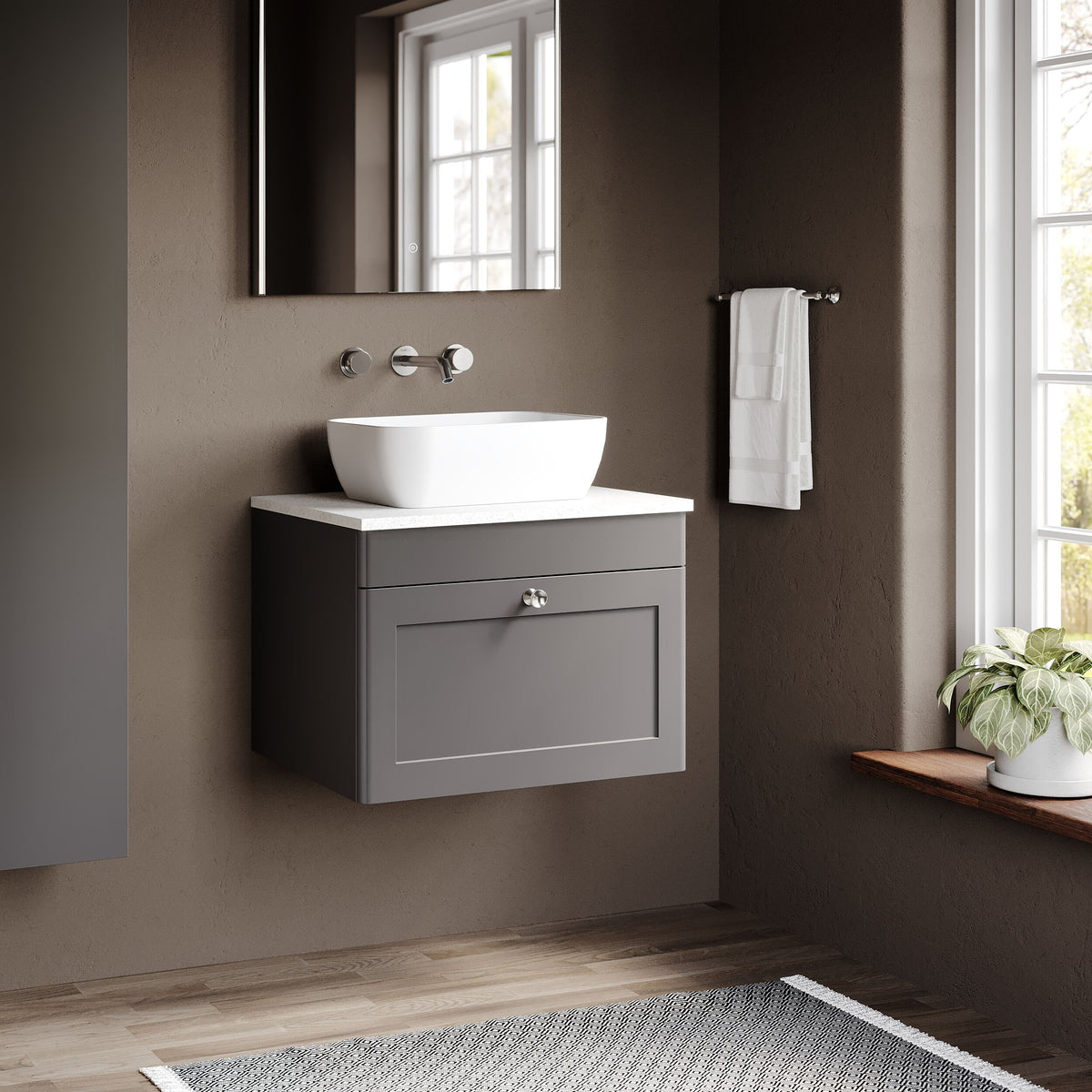 Modern Splash 600mm Satin Grey 1 Drawer Wall Hung Vanity Unit With White Marble Worktop