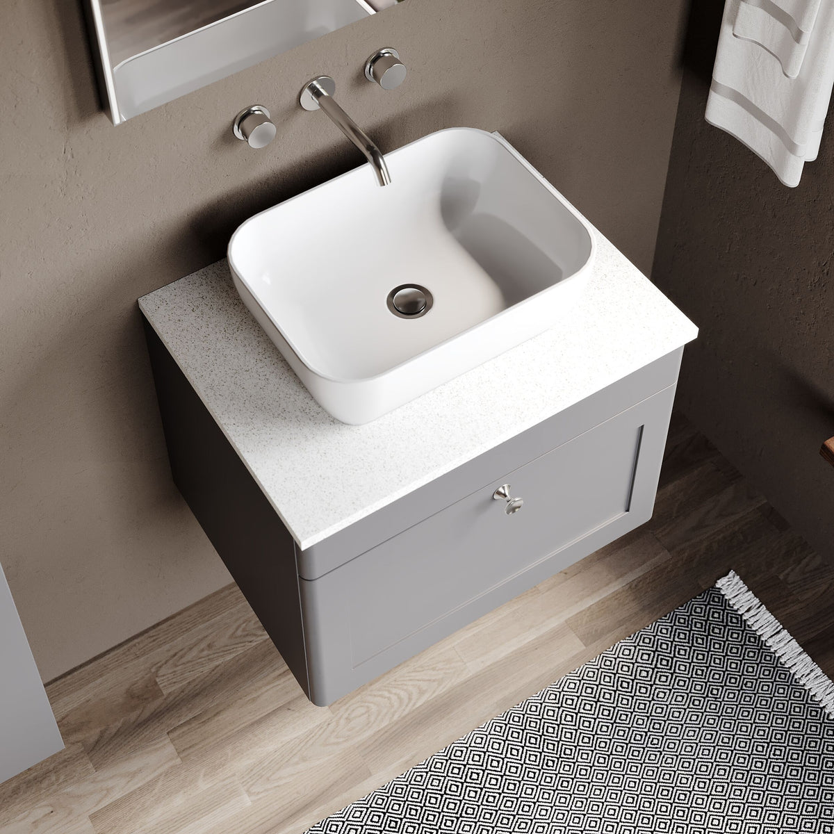 Modern Splash 600mm Satin Grey 1 Drawer Wall Hung Vanity Unit With White Marble Worktop