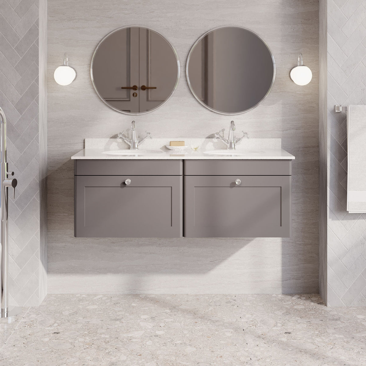 Modern Splash 1200mm Satin Grey 2 Drawer Wall Hung Vanity Unit With 2 Tap Hole Marble Basin