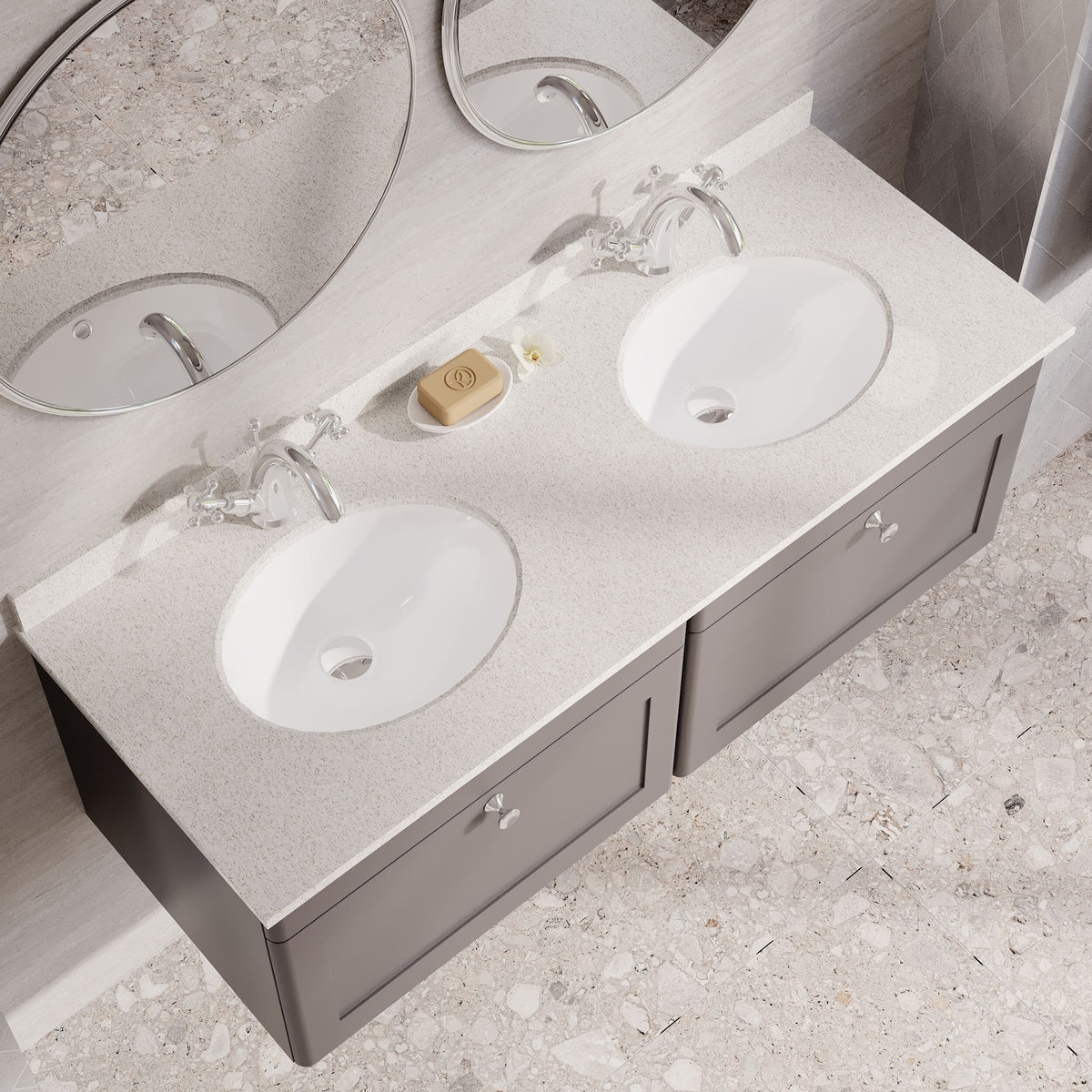 Modern Splash 1200mm Satin Grey 2 Drawer Wall Hung Vanity Unit With 2 Tap Hole Marble Basin