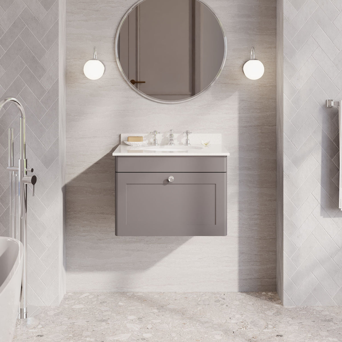 Modern Splash 600mm Satin Grey 1 Drawer Wall Hung Vanity Unit With 3 Tap Hole Marble Basin