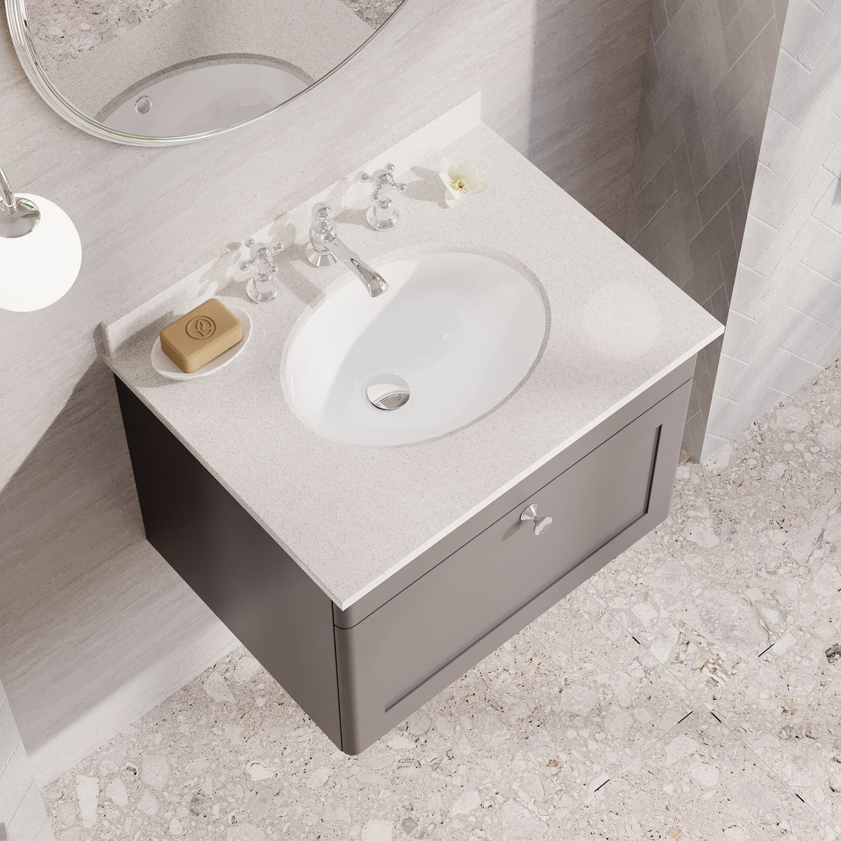 Modern Splash 600mm Satin Grey 1 Drawer Wall Hung Vanity Unit With 3 Tap Hole Marble Basin