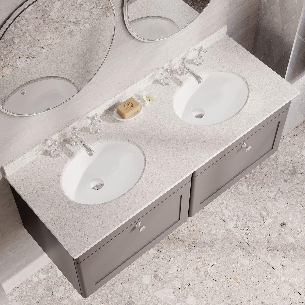 Modern Splash 1200mm Satin Grey 2 Drawer Wall Hung Vanity Unit With 6 Tap Hole Marble Basin