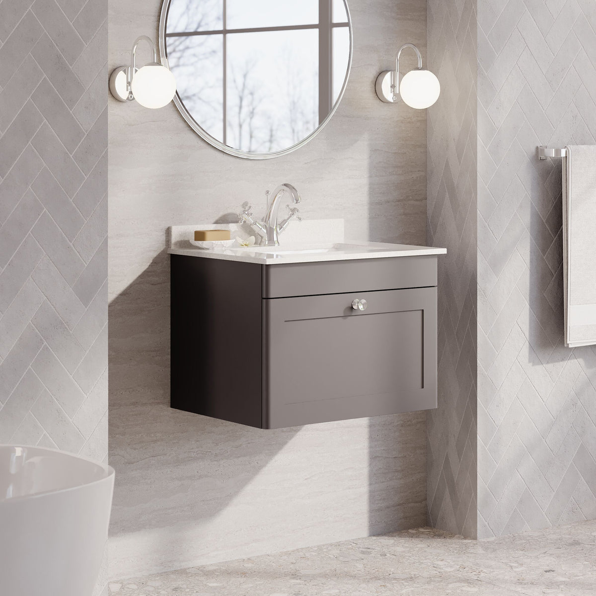Modern Splash 600mm Satin Grey 1 Drawer Wall Hung Vanity Unit With 1 Tap Hole Marble Basin
