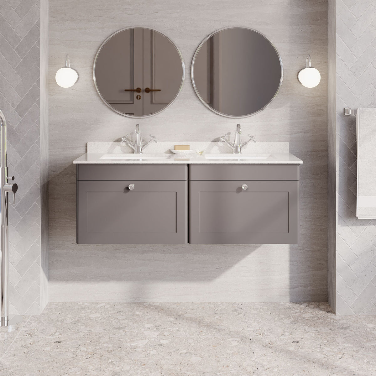 Modern Splash 1200mm Satin Grey 2 Drawer Wall Hung Vanity With Twin Marble Basin