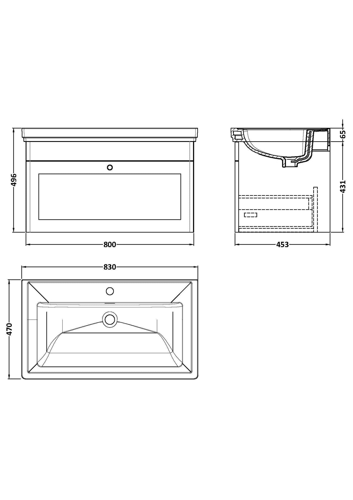 Modern Splash 800mm Satin Grey 1 Drawer Wall Hung Vanity Unit With 1 Tap Hole Basin With Ceramic Basin