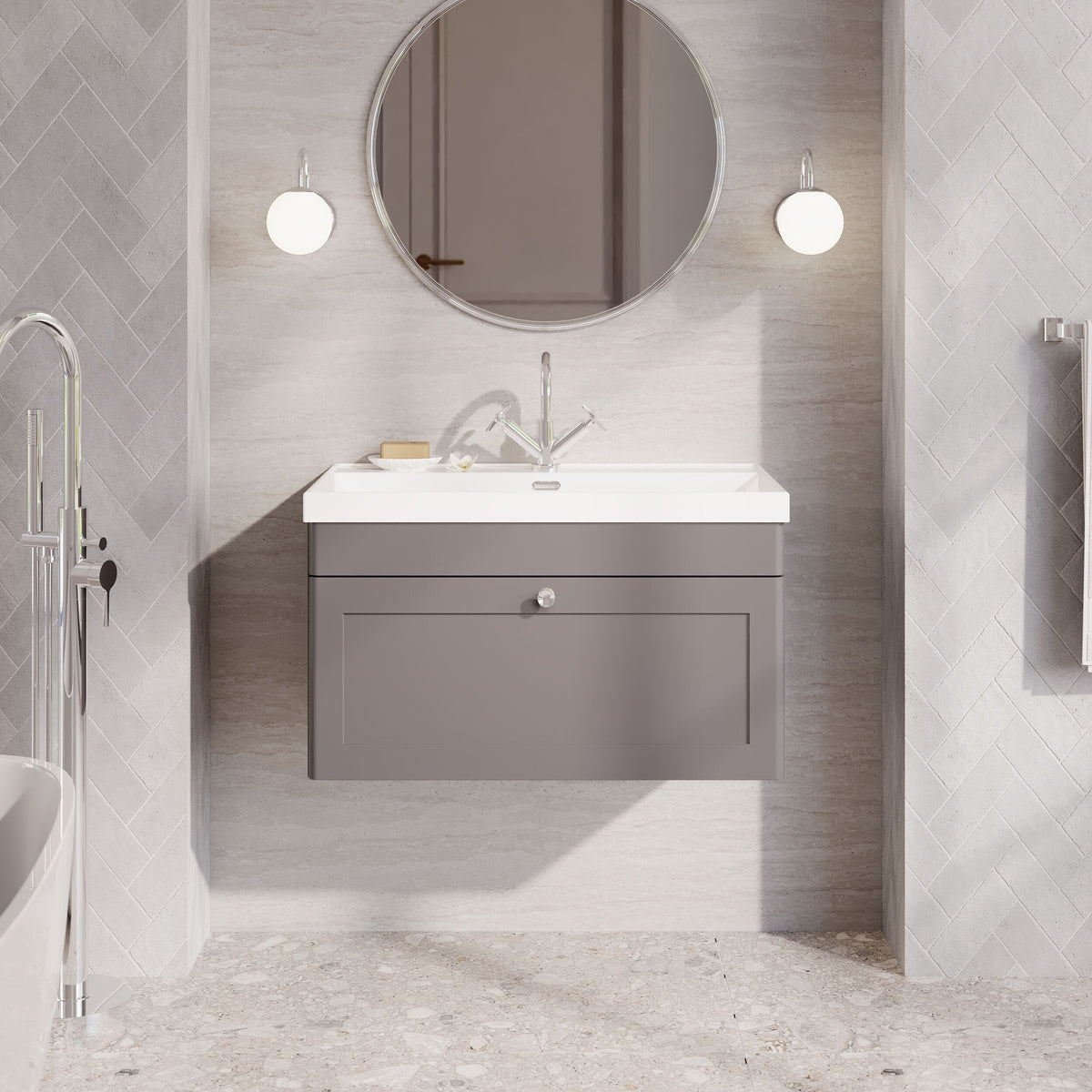 Modern Splash 800mm Satin Grey 1 Drawer Wall Hung Vanity Unit With 1 Tap Hole Thin Edge Basin