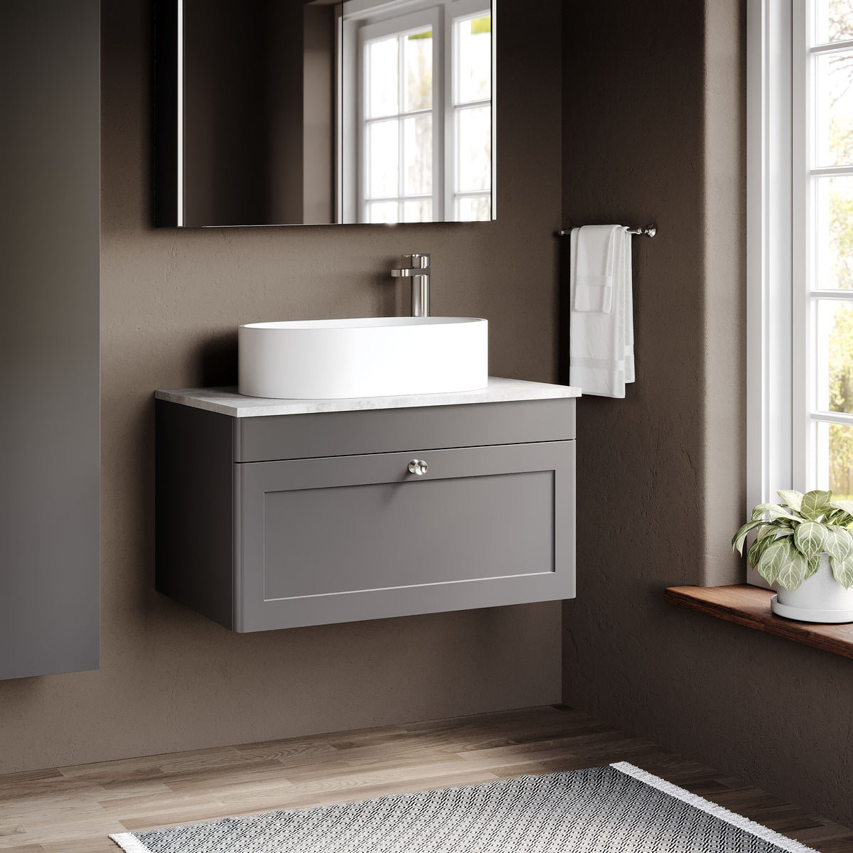 Modern Splash 800mm Satin Grey 1 Drawer Wall Hung Vanity Unit With Grey Marble Worktop