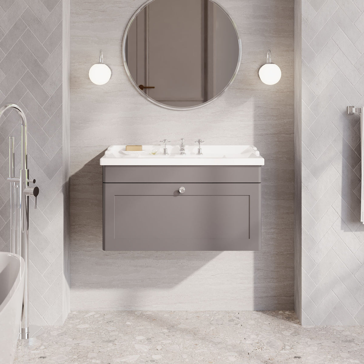 Modern Splash 800mm Satin Grey 1 Drawer Wall Hung Vanity Unit With 3 Tap Hole Basin