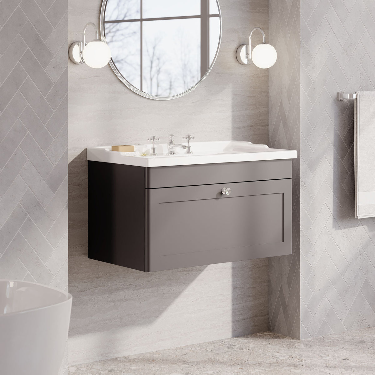 Modern Splash 800mm Satin Grey 1 Drawer Wall Hung Vanity Unit With 3 Tap Hole Basin