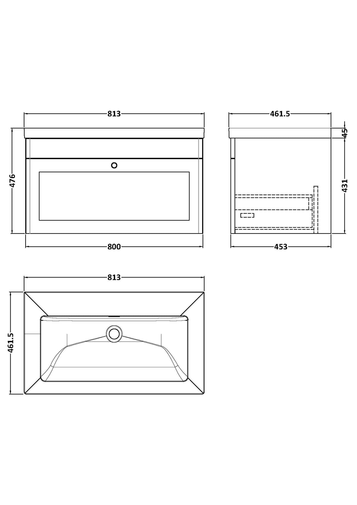 Modern Splash 800mm Satin Grey 1 Drawer Wall Hung Vanity Unit With Fireclay Basin