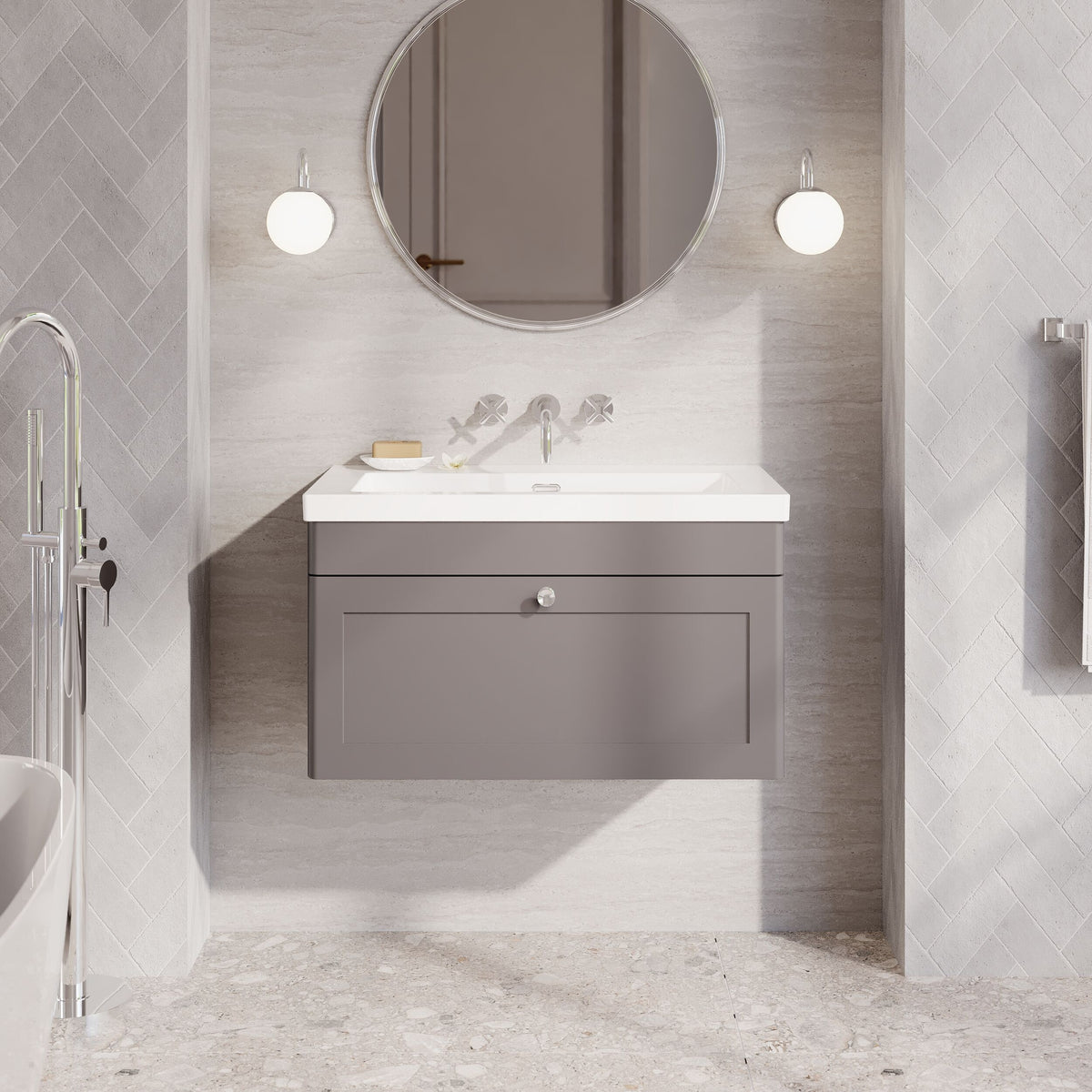 Modern Splash 800mm Satin Grey 1 Drawer Wall Hung Vanity Unit With Fireclay Basin