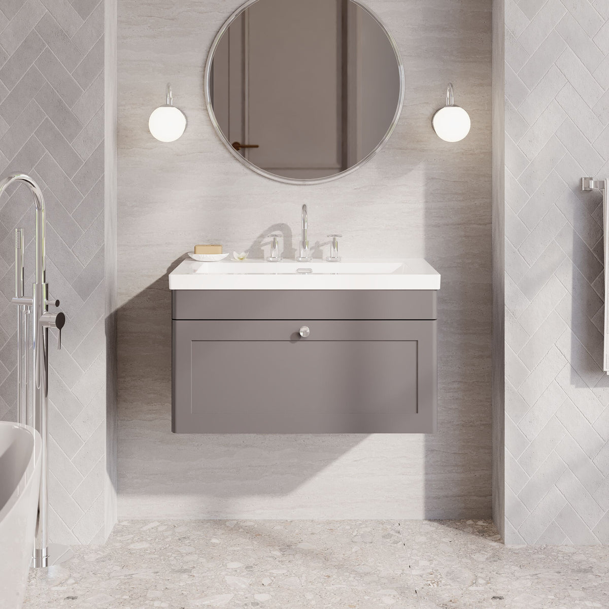 Modern Splash 800mm Satin Grey 1 Drawer Wall Hung Vanity Unit With 3 Tap Hole Fireclay Basin