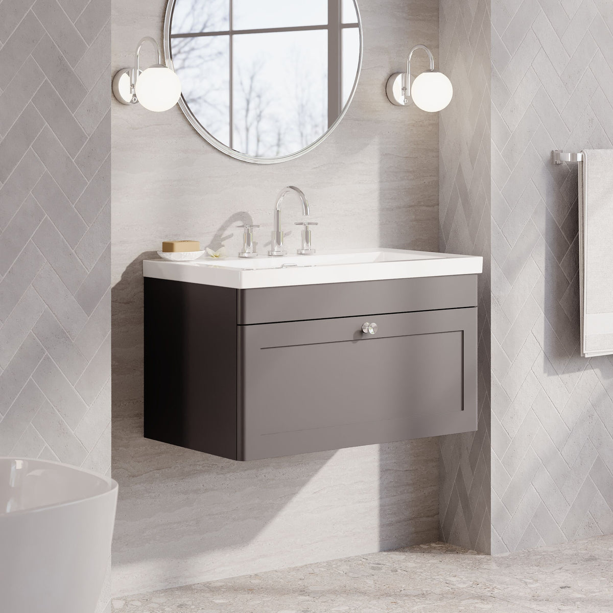 Modern Splash 800mm Satin Grey 1 Drawer Wall Hung Vanity Unit With 3 Tap Hole Fireclay Basin