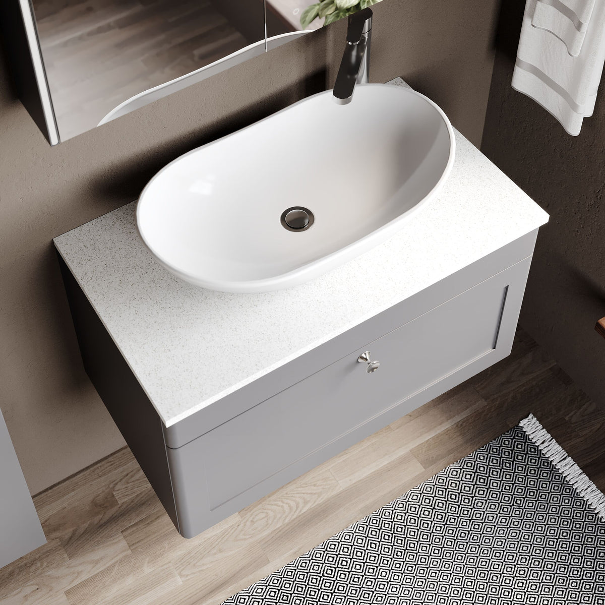 Modern Splash 800mm Satin Grey 1 Drawer  Wall Hung Vanity With White Marble Worktop