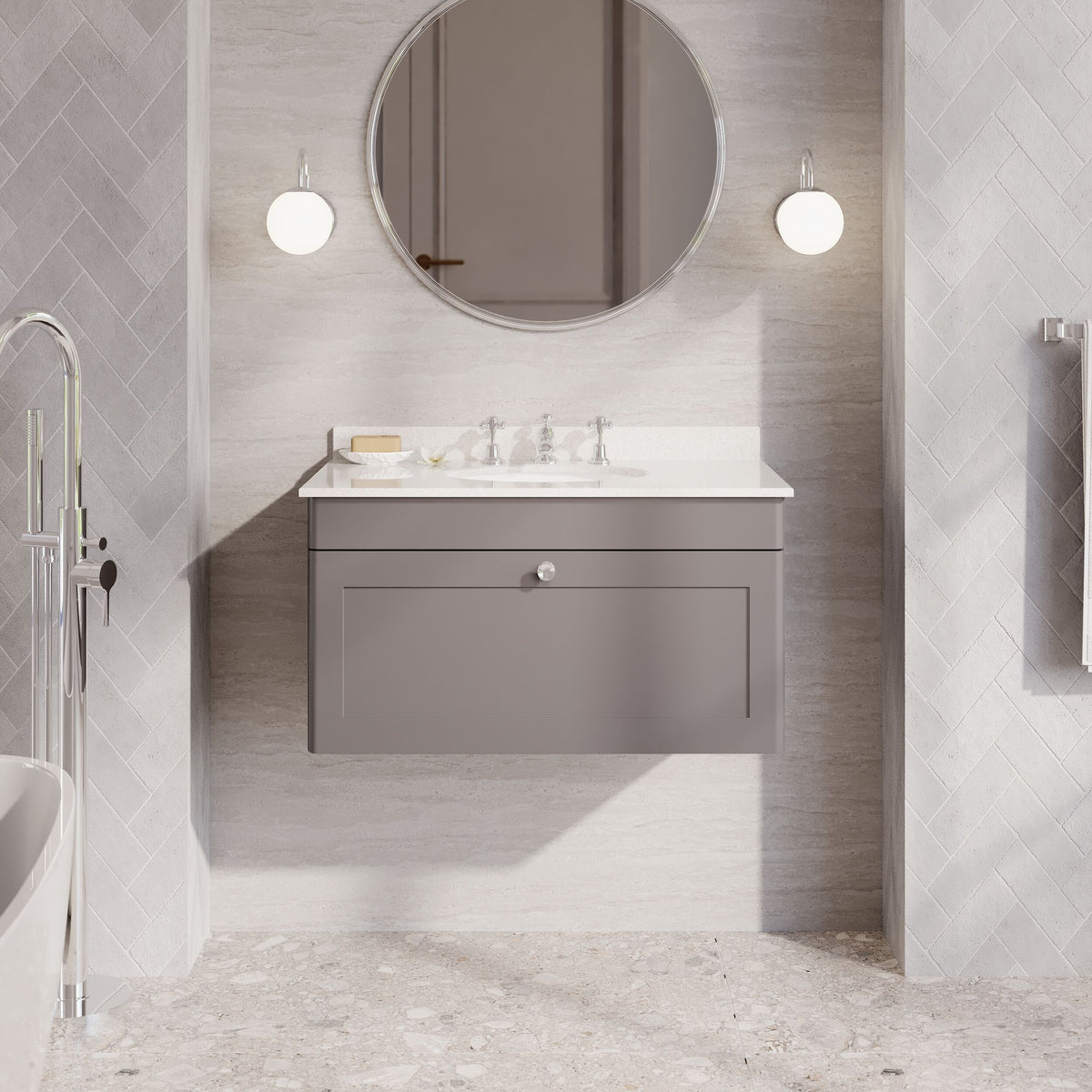 Modern Splash 800mm Satin Grey 1 Drawer Wall Hung Vanity Unit With 3 Tap Hole Marble Basin