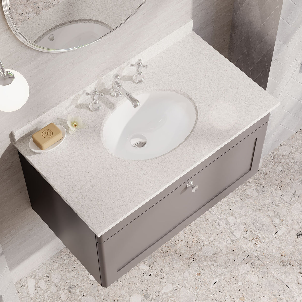 Modern Splash 800mm Satin Grey 1 Drawer Wall Hung Vanity Unit With 3 Tap Hole Marble Basin