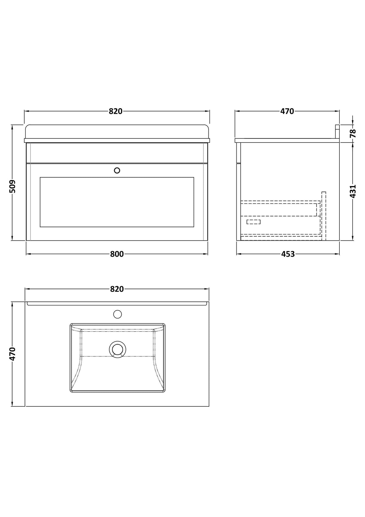 Modern Splash 800mm Satin Grey 1 Drawer Wall Hung Vanity Unit With 1 Tap Hole Marble Basin