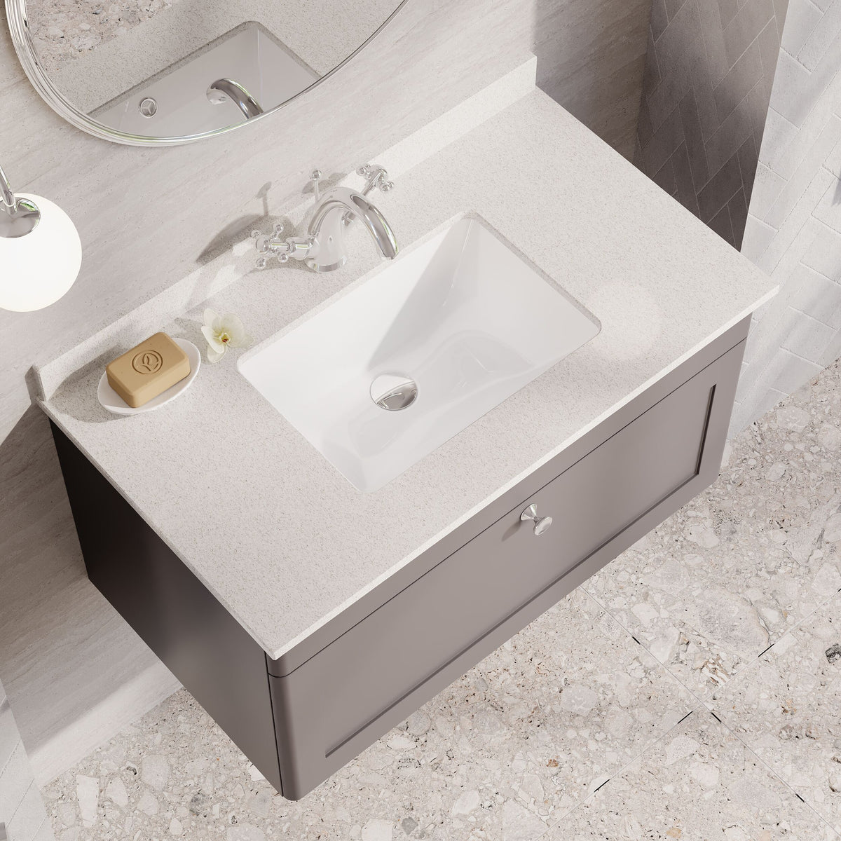 Modern Splash 800mm Satin Grey 1 Drawer Wall Hung Vanity Unit With 1 Tap Hole Marble Basin