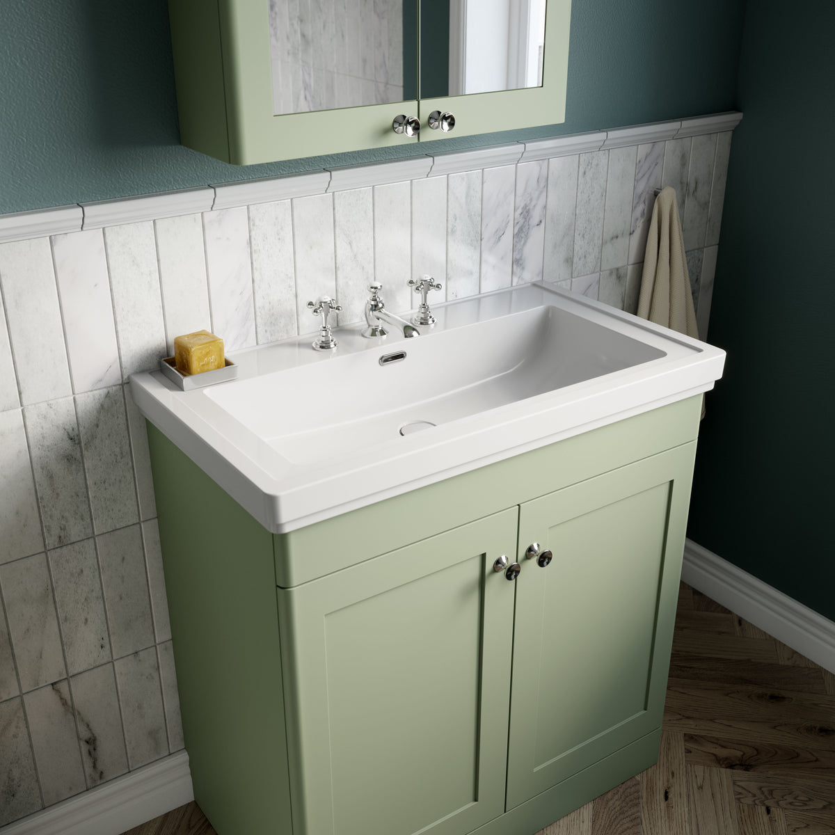 Modern Splash 500mm Satin Green 2 Door Floor Standing Vanity Unit With 3 Tap Hole Basin