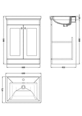 Modern Splash 600mm Satin Green 2 Door Floor Standing Vanity Unit With 1 Tap Hole Basin With Ceramic Basin