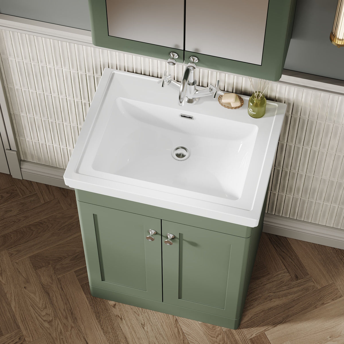 Modern Splash 600mm Satin Green 2 Door Floor Standing Vanity Unit With 1 Tap Hole Basin With Ceramic Basin