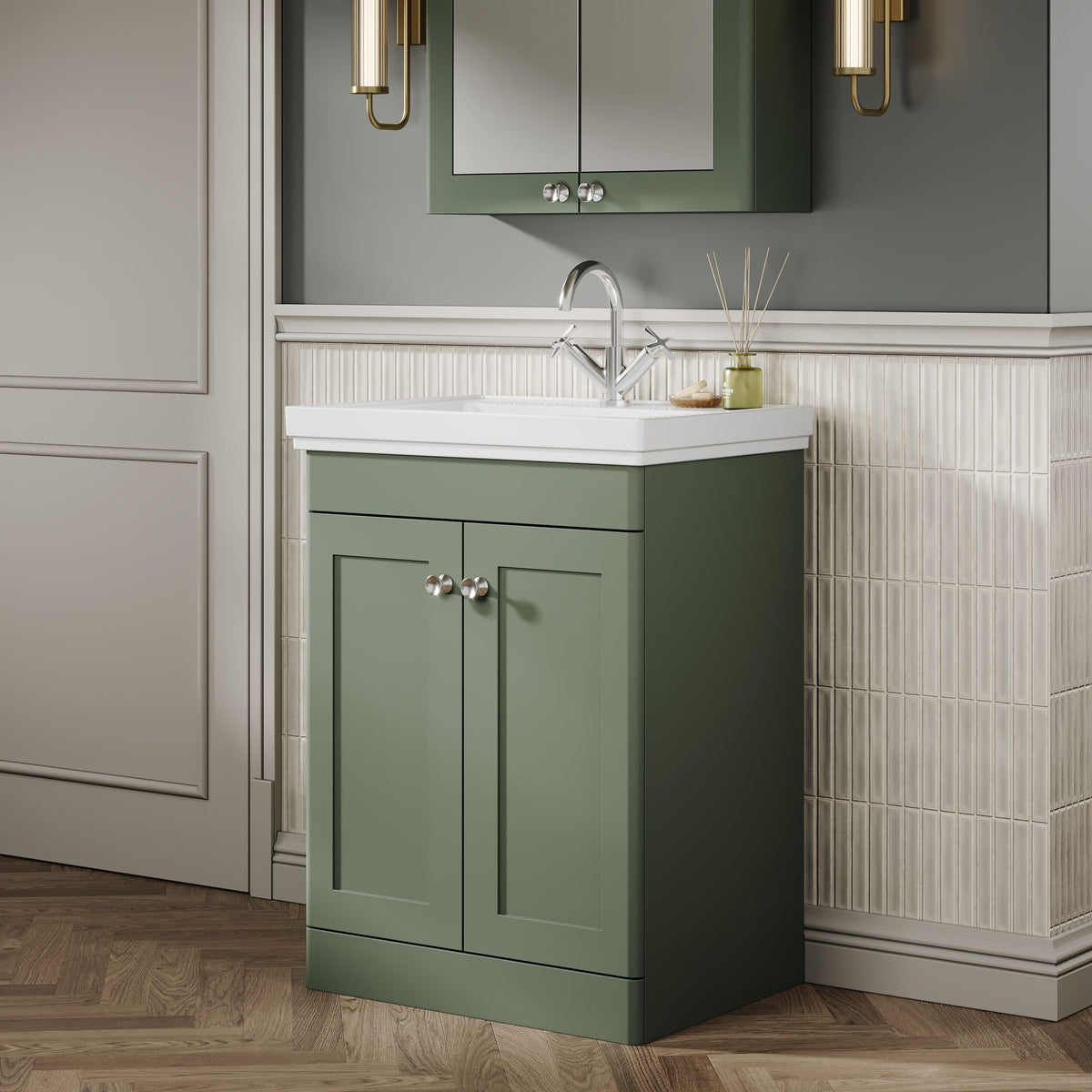 Modern Splash 600mm Satin Green 2 Door Floor Standing Vanity Unit With 1 Tap Hole Basin With Ceramic Basin