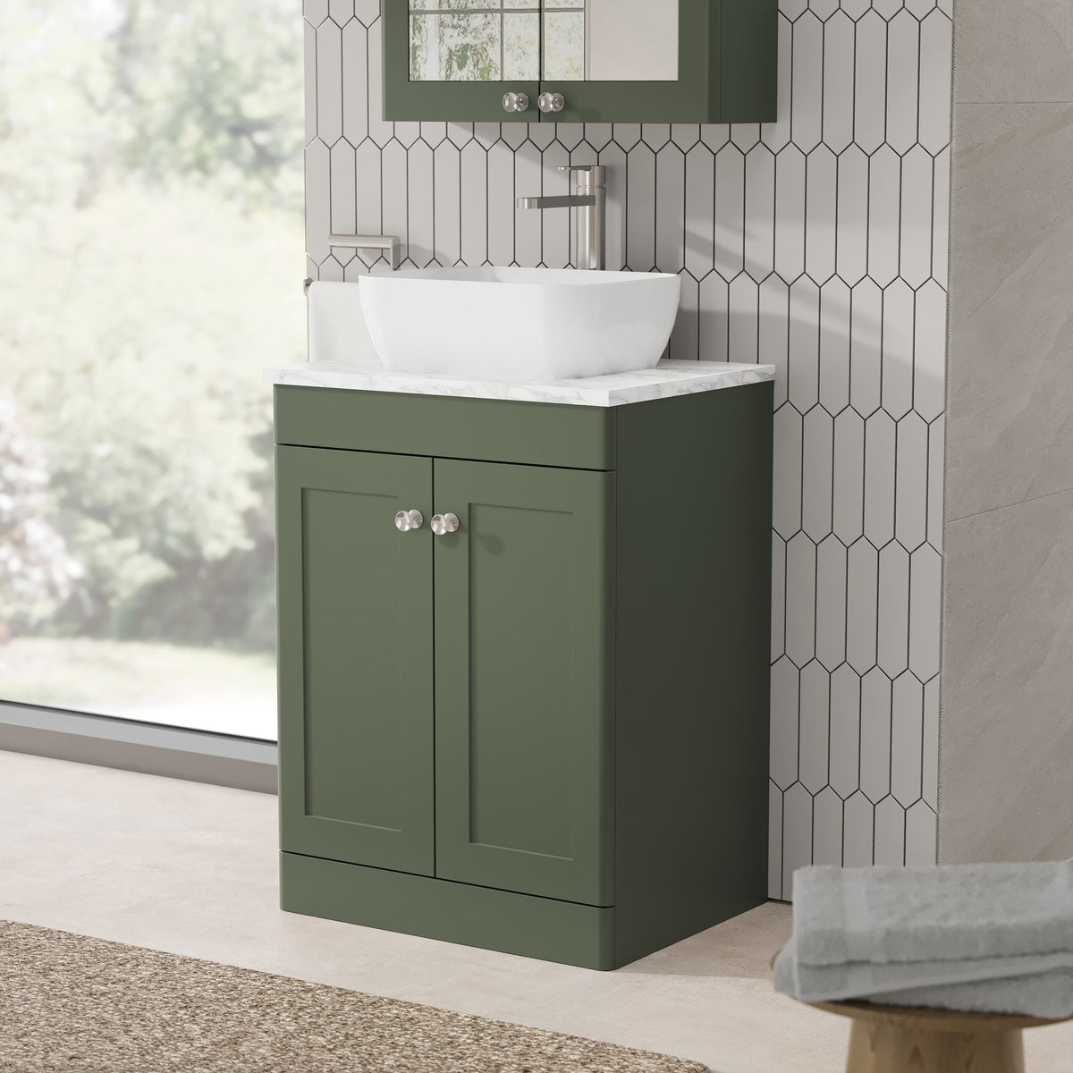 Modern Splash 600mm Satin Green 2 Door Floor Standing  Vanity Unit With Carrara Marble Worktop