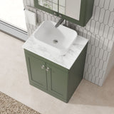 Modern Splash 600mm Satin Green 2 Door Floor Standing  Vanity Unit With Carrara Marble Worktop