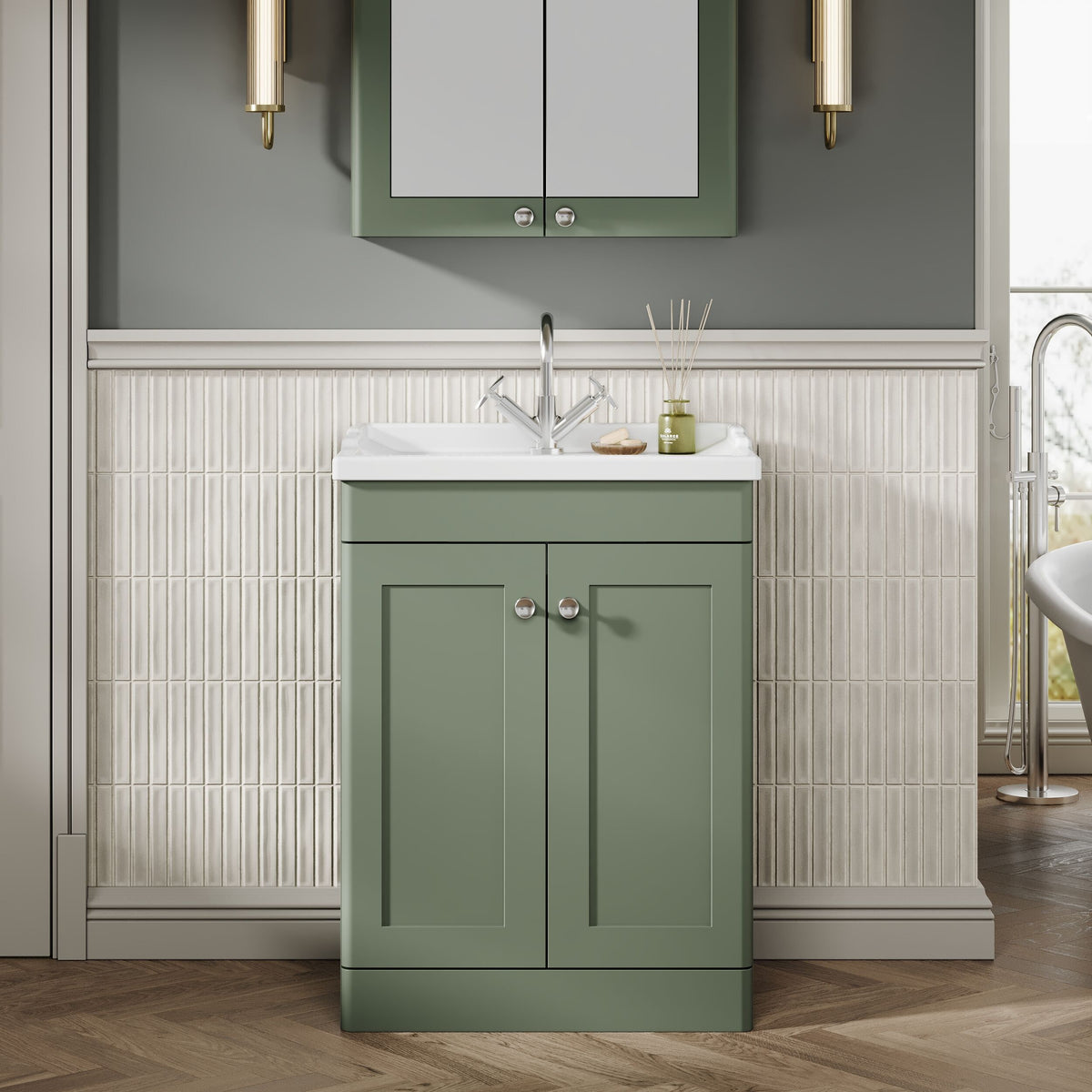 Modern Splash 600mm Satin Green 2 Door Floor Standing Vanity Unit With 1 Tap Hole Basin