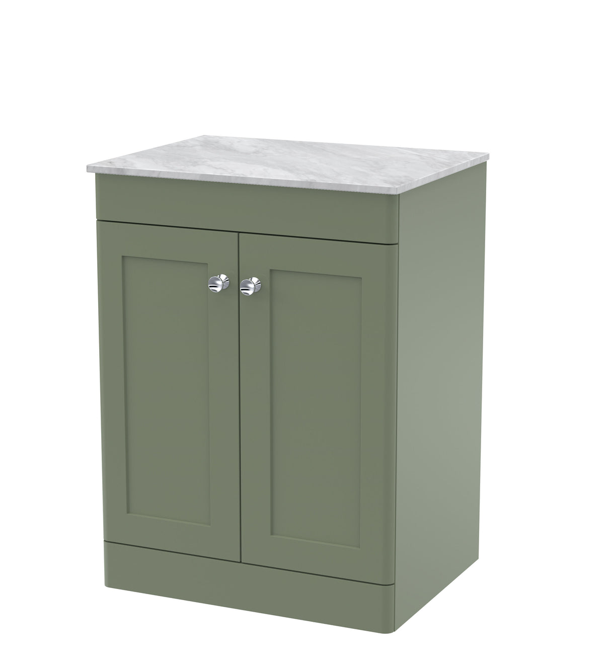 Modern Splash 600mm Satin Green 2 Door Floor Standing Vanity Unit With Grey Marble Worktop