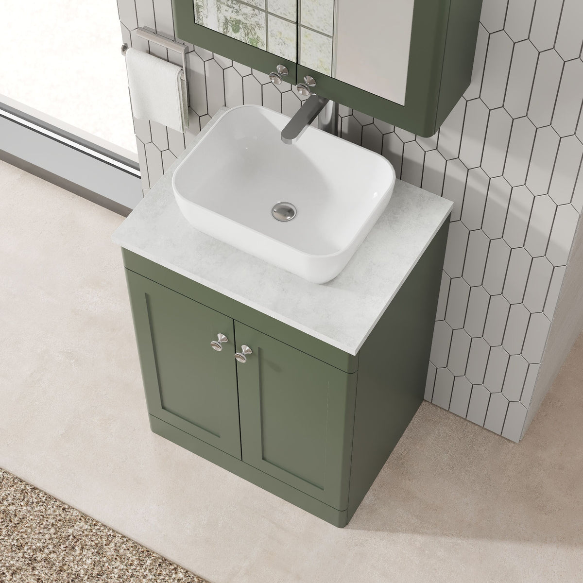 Modern Splash 600mm Satin Green 2 Door Floor Standing Vanity Unit With Grey Marble Worktop