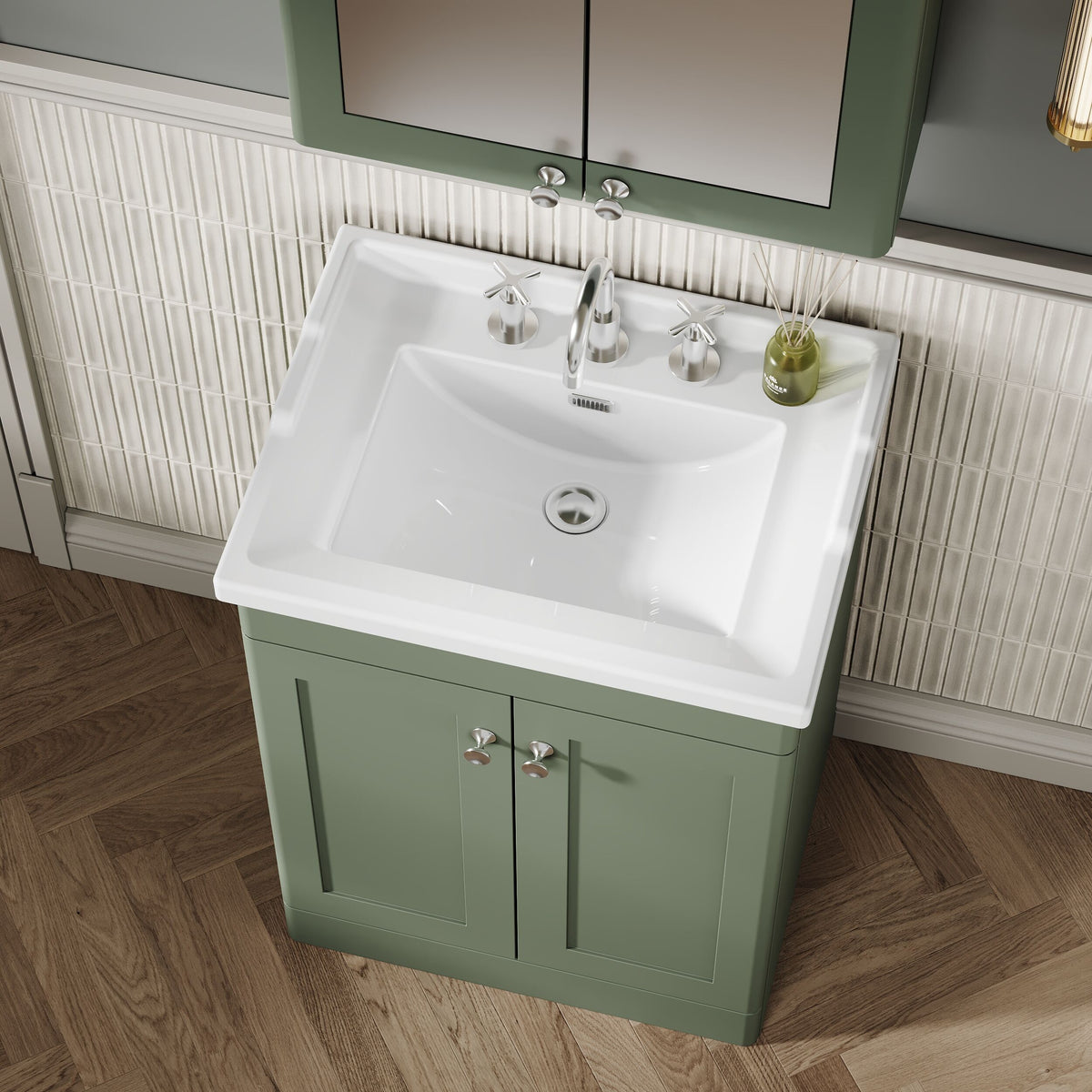 Modern Splash 600mm Satin Green 2 Door Floor Standing Vanity Unit With 3 Tap Hole Basin