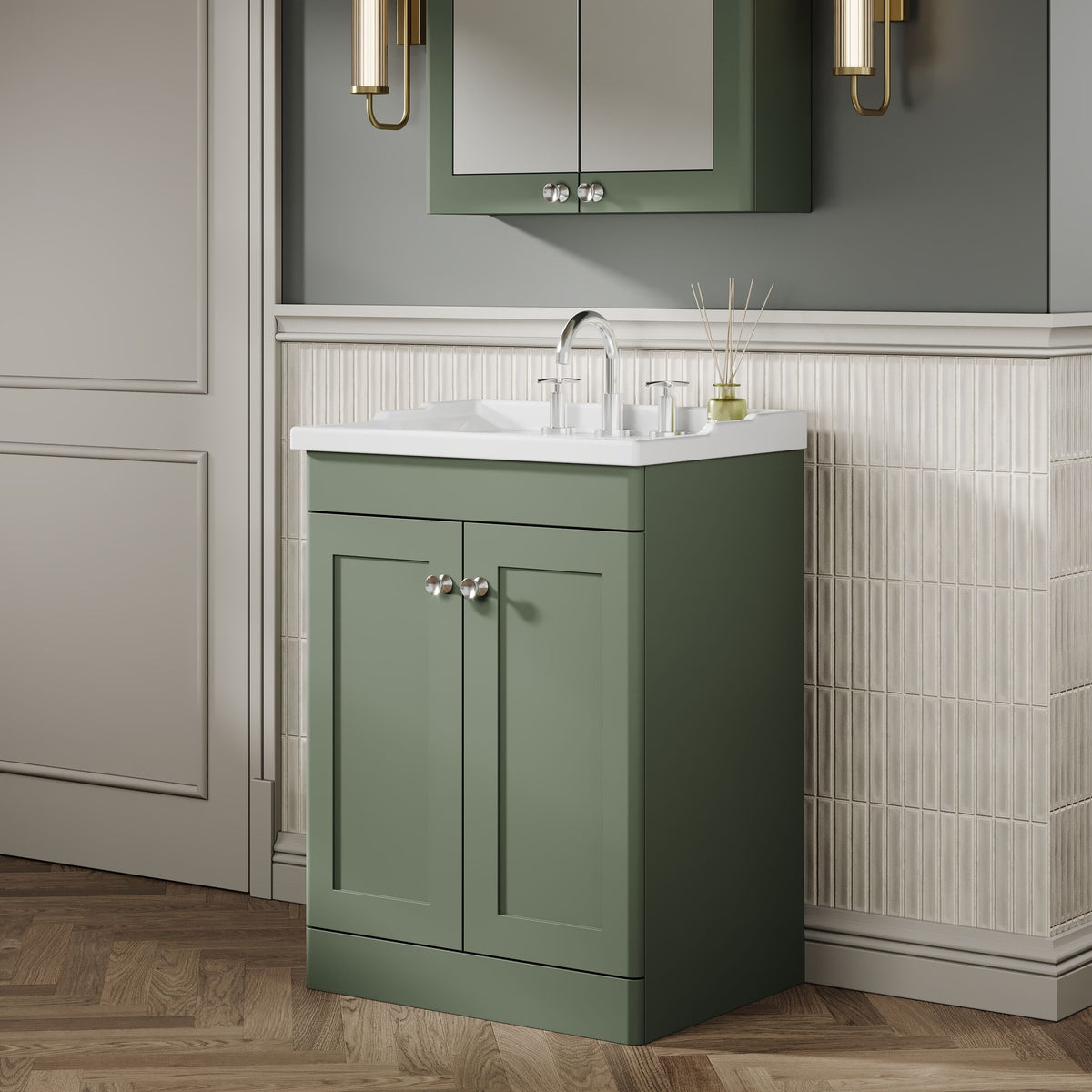 Modern Splash 600mm Satin Green 2 Door Floor Standing Vanity Unit With 3 Tap Hole Basin