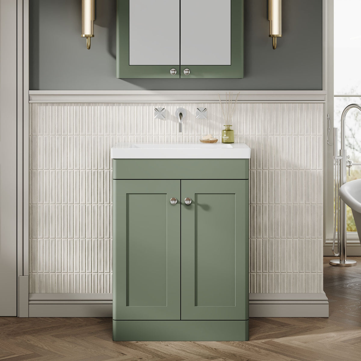Modern Splash 600mm Satin Green 2 Door Floor Standing Vanity Unit With Fireclay Basin