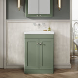Modern Splash 600mm Satin Green 2 Door Floor Standing Vanity Unit With Fireclay Basin