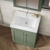 Modern Splash 600mm Satin Green 2 Door Floor Standing Vanity Unit With Fireclay Basin