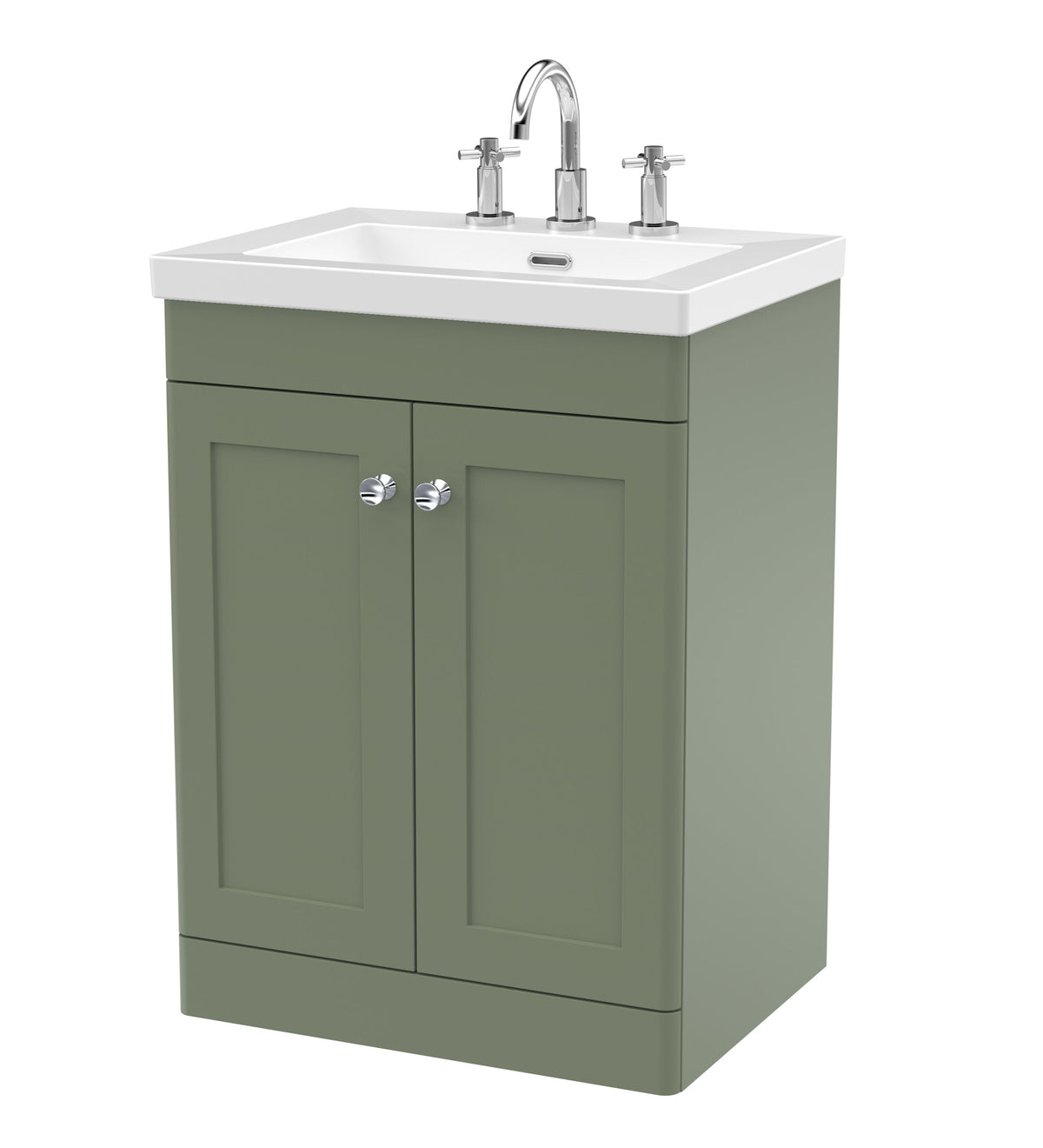 Modern Splash 600mm Satin Green 2 Door Floor Standing Vanity Unit With 3 Tap Hole Fireclay Basin