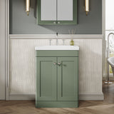Modern Splash 600mm Satin Green 2 Door Floor Standing Vanity Unit With 3 Tap Hole Fireclay Basin