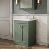 Modern Splash 600mm Satin Green 2 Door Floor Standing Vanity Unit With 3 Tap Hole Fireclay Basin