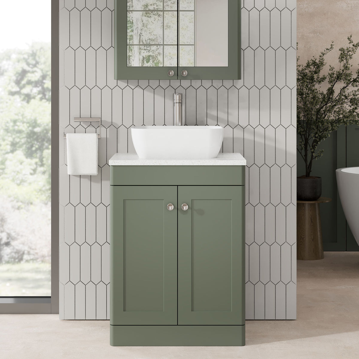 Modern Splash 600mm Satin Green 2 Door Floor Standing Vanity With White Marble Worktop
