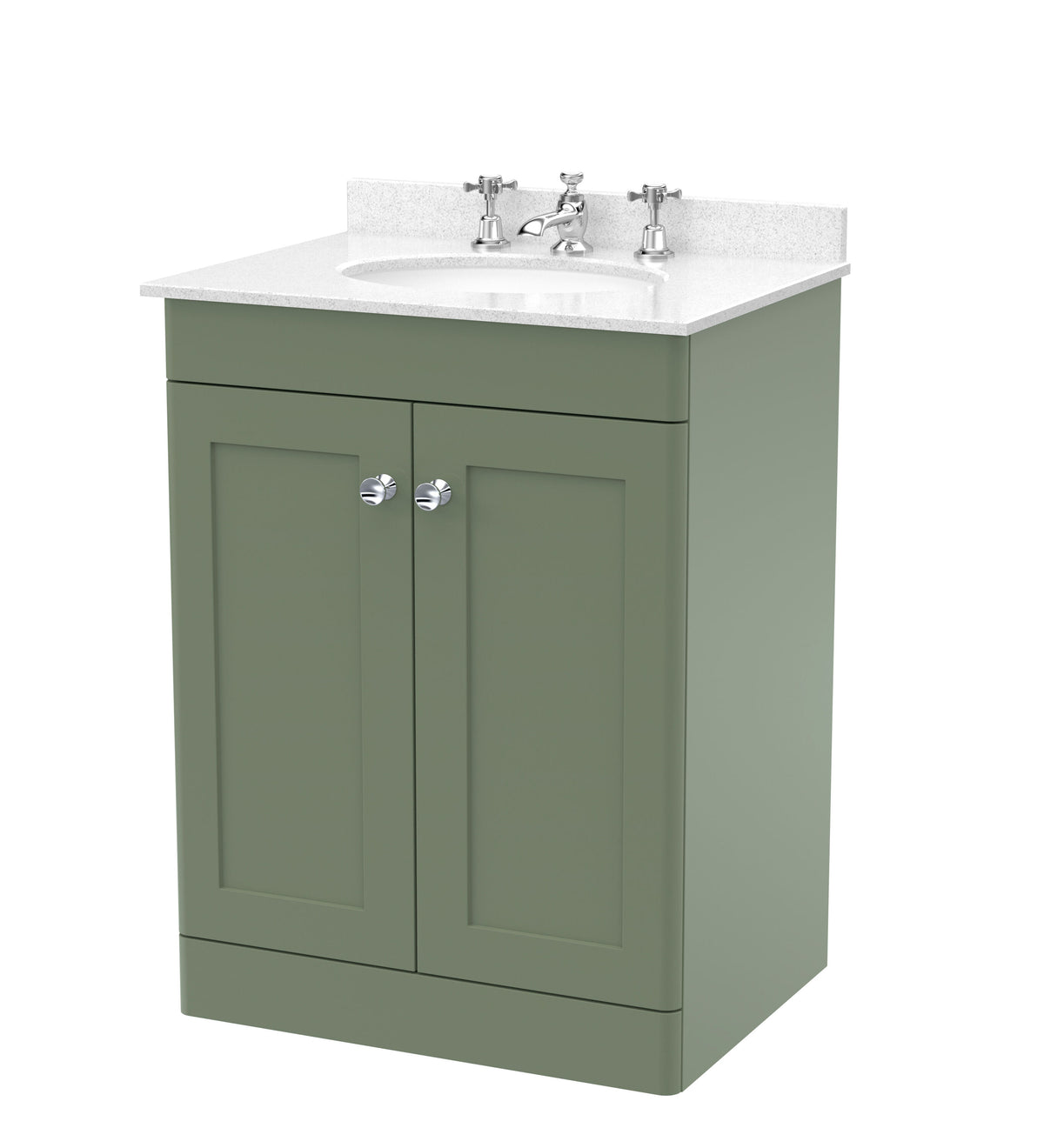 Modern Splash 600mm Satin Green 2 Door Floor Standing Vanity Unit With 3 Tap Hole Marble Basin